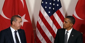 U.S. President Barack Obama and Turkish Prime Minister Tayyip Erdogan (L) meet in New York September 20, 2011. Obama condemned a deadly bombing in Ankara on Tuesday, as he met Erdogan on the sidelines of the U.N. General Assembly. REUTERS/Kevin Lamarque (UNITED STATES - Tags: POLITICS TPX IMAGES OF THE DAY)