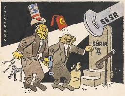 1956-1957 başarısız darbe girişiminin ardından Amerikan ve Türk dış politikasında Suriye'nin yerini anlatan 1958 tarihli bir Çekoslovakya karikatürü.